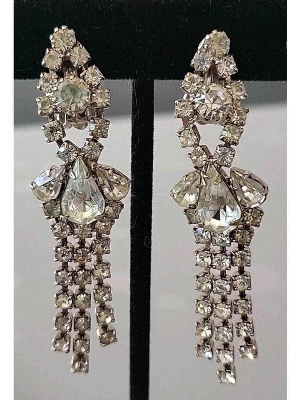 Vintage Clip-on Earrings Silver Rhinestones Chandelier Crystals 2.5" Long EUC O3